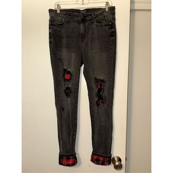Judy Blue Skinny Fit Jeans Black Distressed Buffalo Plaid Detail Size 11/30 GUC - Picture 1 of 14